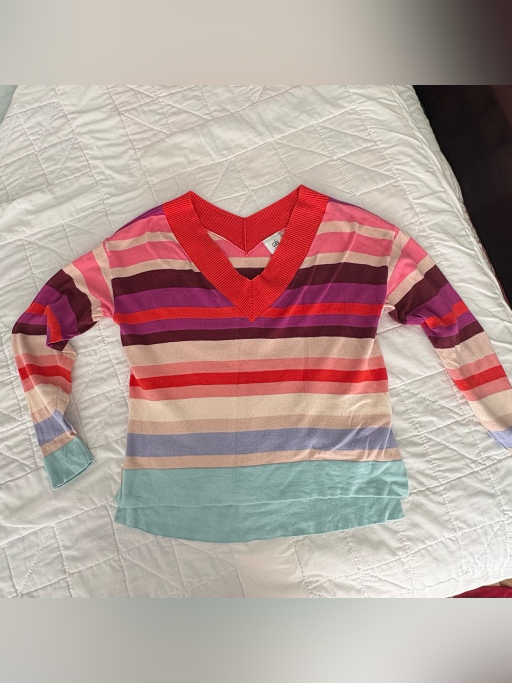 CAbi Striped V-Neck Hi-lo Sweater in Red, Pink & Cream